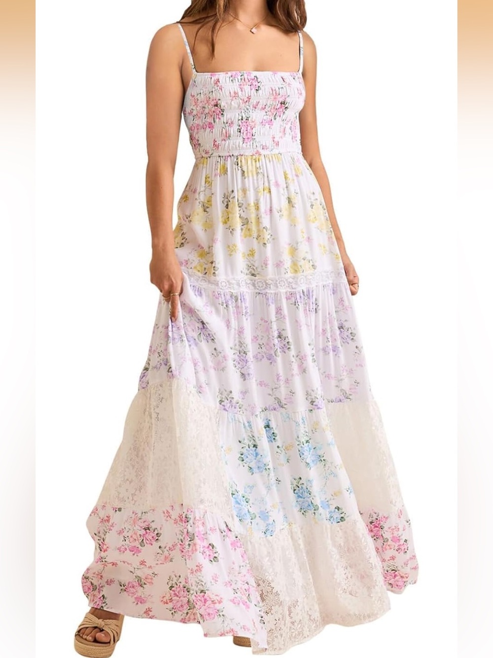 Smocked Floral Maxi Dress in White with Pastel Bouquet Print